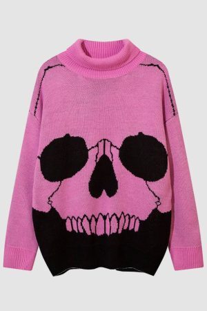 Style Core Aesthetics, New Style Trends Horrible Skull Print Turtleneck Sweater