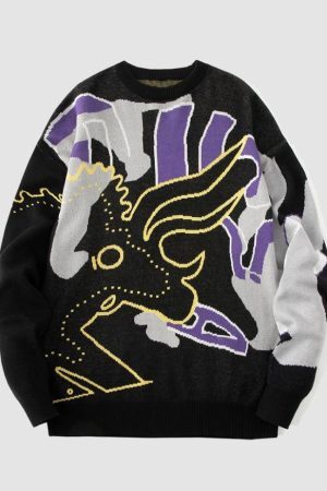 Style Core Aesthetics, New Style Trends Horse Graffiti Color Block Sweater
