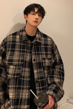 Style Core Aesthetics, New Style Trends Ins Woolen Grid Pattern Baggy Jacket