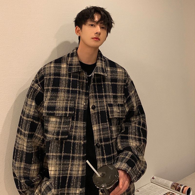 Style Core Aesthetics, New Style Trends Ins Woolen Grid Pattern Baggy Jacket Style Core Aesthetics, New Style Trends Ins Woolen Grid Pattern Baggy Jacket