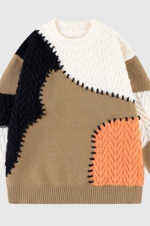 Style Core Aesthetics, New Style Trends Irregular Color Contrast Twist Design Sweater