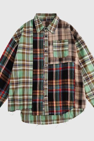 Style Core Aesthetics, New Style Trends Irregular Plaid Patchwork Shirt