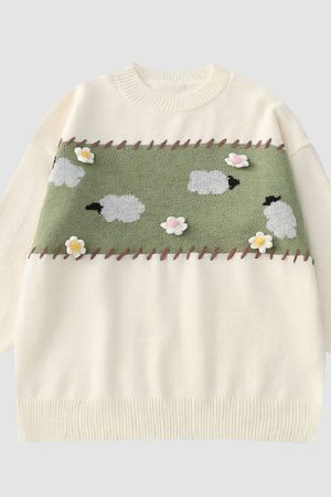 Style Core Aesthetics, New Style Trends Knit Flower & Sheep Pattern Sweater