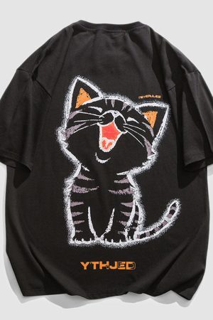 Style Core Aesthetics, New Style Trends Laughing Cat Cartoon Print Tee