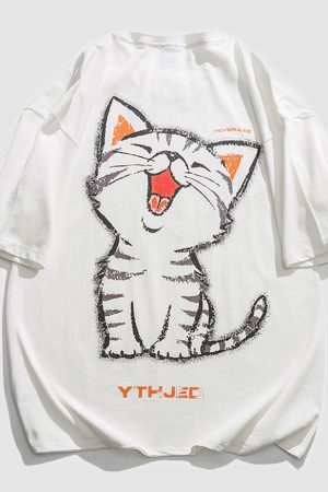 Style Core Aesthetics, New Style Trends Laughing Cat Cartoon Print Tee