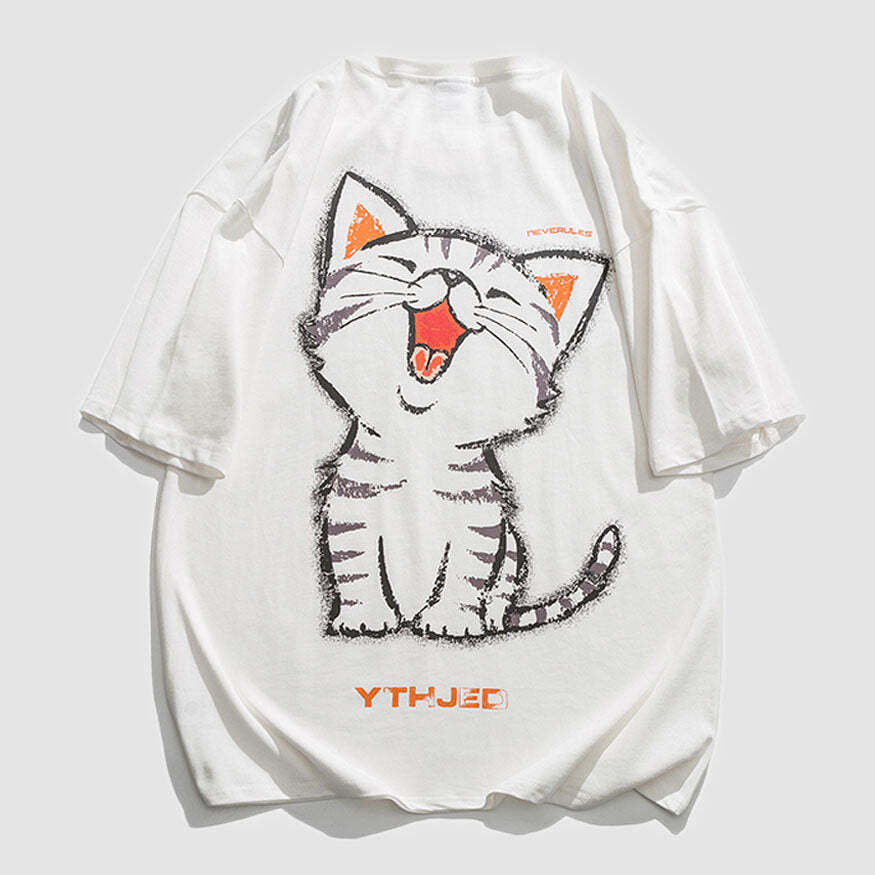 Style Core Aesthetics, New Style Trends Laughing Cat Cartoon Print Tee