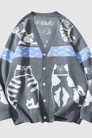 Style Core Aesthetics, New Style Trends Lazy Cat Pattern Cardigan