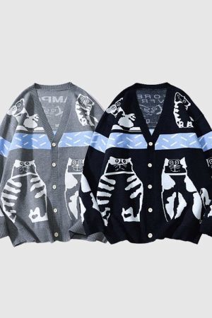 Style Core Aesthetics, New Style Trends Lazy Cat Pattern Cardigan