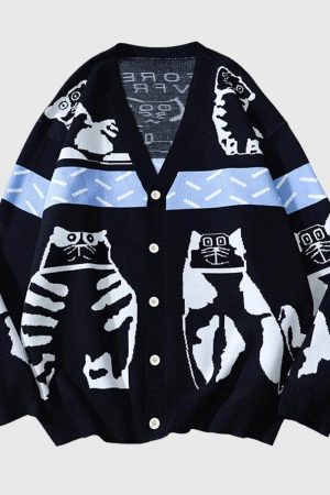 Style Core Aesthetics, New Style Trends Lazy Cat Pattern Cardigan