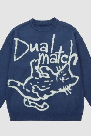 Style Core Aesthetics, New Style Trends Letter & Cat Pattern Sweater