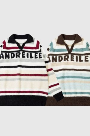 Style Core Aesthetics, New Style Trends Letter Embroidered Color-blocked Stripe Pullover