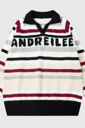 Style Core Aesthetics, New Style Trends Letter Embroidered Color-blocked Stripe Pullover