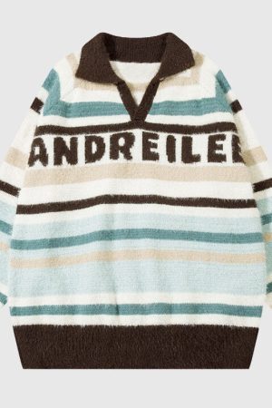 Style Core Aesthetics, New Style Trends Letter Embroidered Color-blocked Stripe Pullover