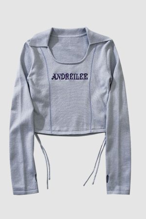 Style Core Aesthetics, New Style Trends Letter Embroidery Drawstring Knit Crop Top