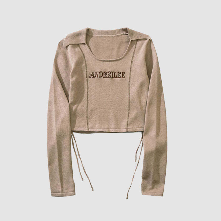 Style Core Aesthetics, New Style Trends Letter Embroidery Drawstring Knit Crop Top