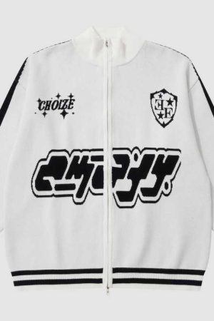 Style Core Aesthetics, New Style Trends Letter Jacquard Patchwork Knit Cardigan