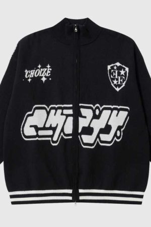 Style Core Aesthetics, New Style Trends Letter Jacquard Patchwork Knit Cardigan