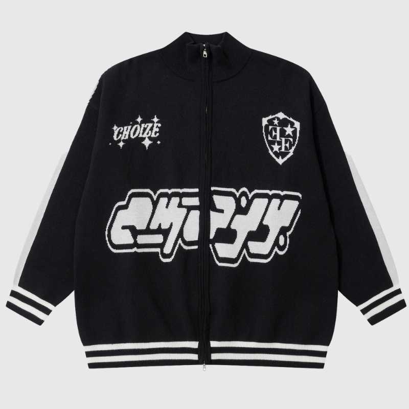 Style Core Aesthetics, New Style Trends Letter Jacquard Patchwork Knit Cardigan Style Core Aesthetics, New Style Trends Letter Jacquard Patchwork Knit Cardigan