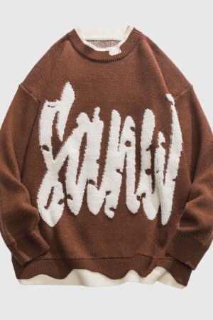 Style Core Aesthetics, New Style Trends Letter Pattern Embroidered Patchwork Knit Pullover