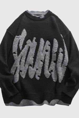 Style Core Aesthetics, New Style Trends Letter Pattern Embroidered Patchwork Knit Pullover