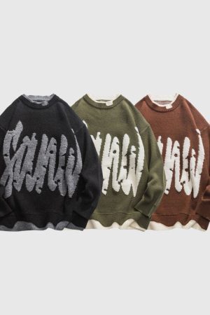 Style Core Aesthetics, New Style Trends Letter Pattern Embroidered Patchwork Knit Pullover