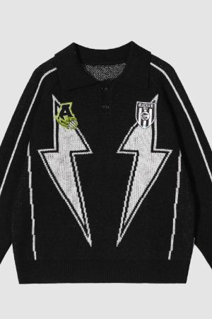 Style Core Aesthetics, New Style Trends Lightning Pattern Collared Sweater