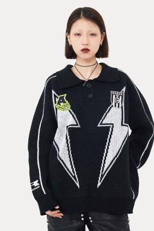 Style Core Aesthetics, New Style Trends Lightning Pattern Collared Sweater