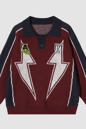 Style Core Aesthetics, New Style Trends Lightning Pattern Collared Sweater