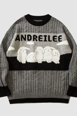 Style Core Aesthetics, New Style Trends Lovely Rabbit Print Cartoon Sweater