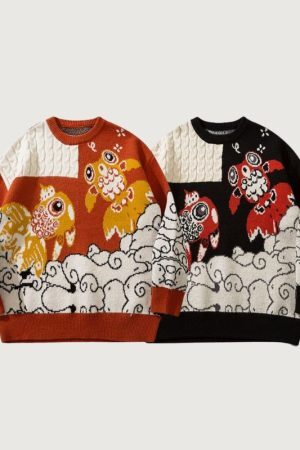 Style Core Aesthetics, New Style Trends Lucky Koi Embroidered Knit Sweater