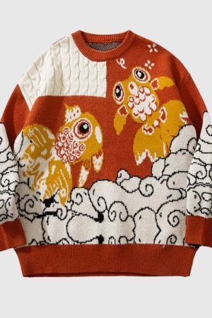 Style Core Aesthetics, New Style Trends Lucky Koi Embroidered Knit Sweater