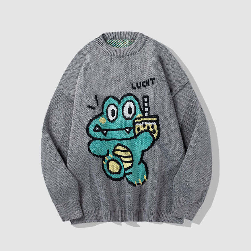 Style Core Aesthetics, New Style Trends Milk Tea Dinosaur Print Sweater
