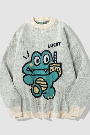Style Core Aesthetics, New Style Trends Milk Tea Dinosaur Print Sweater