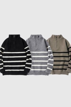 Style Core Aesthetics, New Style Trends Mock Neck Lapel Stripe Pullover
