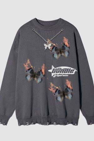 Style Core Aesthetics, New Style Trends Necklace Decor Butterfly Print Sweater