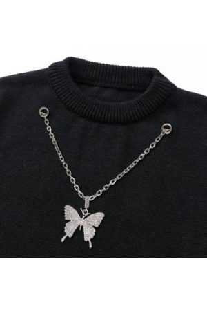Style Core Aesthetics, New Style Trends Necklace Decor Butterfly Print Sweater
