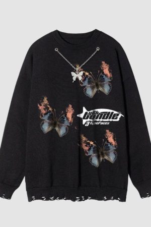 Style Core Aesthetics, New Style Trends Necklace Decor Butterfly Print Sweater