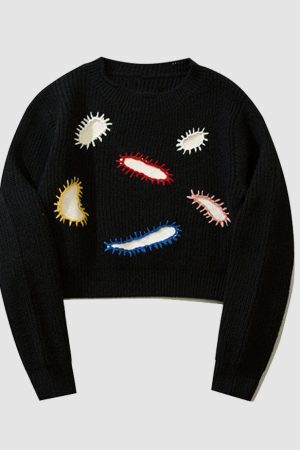 Style Core Aesthetics, New Style Trends Paramecium Pattern Embroidery Cropped Sweater