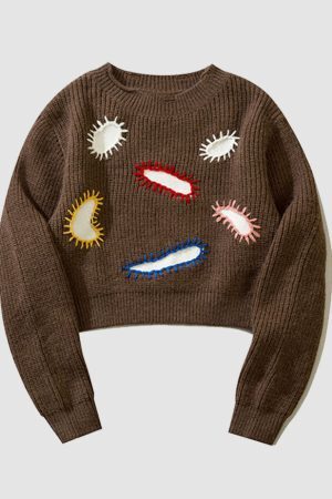 Style Core Aesthetics, New Style Trends Paramecium Pattern Embroidery Cropped Sweater
