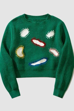 Style Core Aesthetics, New Style Trends Paramecium Pattern Embroidery Cropped Sweater