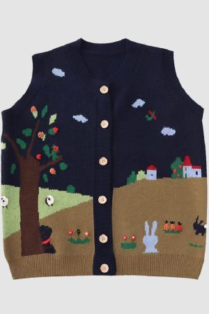 Style Core Aesthetics, New Style Trends Pastoral Illustration Vest Sweater