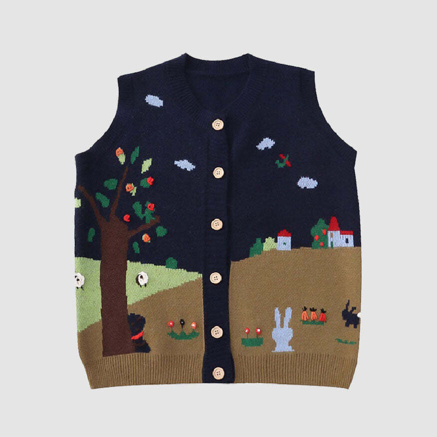 Style Core Aesthetics, New Style Trends Pastoral Illustration Vest Sweater