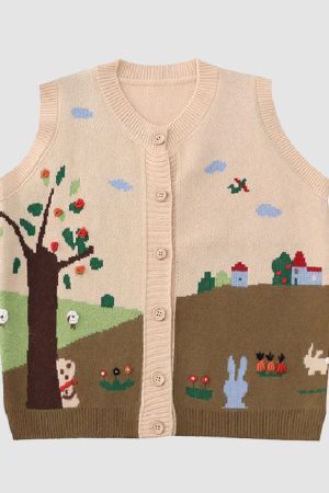 Style Core Aesthetics, New Style Trends Pastoral Illustration Vest Sweater