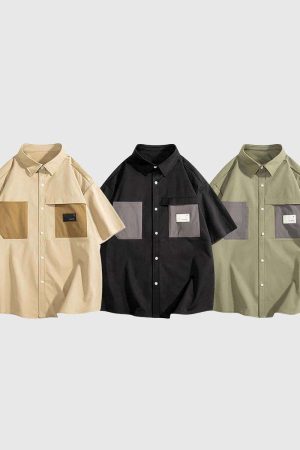 Style Core Aesthetics, New Style Trends Patchwork Pocket Cotton Shirts