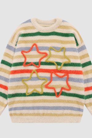 Style Core Aesthetics, New Style Trends Pentagram Pattern Striped Fuzzy Sweater