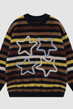 Style Core Aesthetics, New Style Trends Pentagram Pattern Striped Fuzzy Sweater