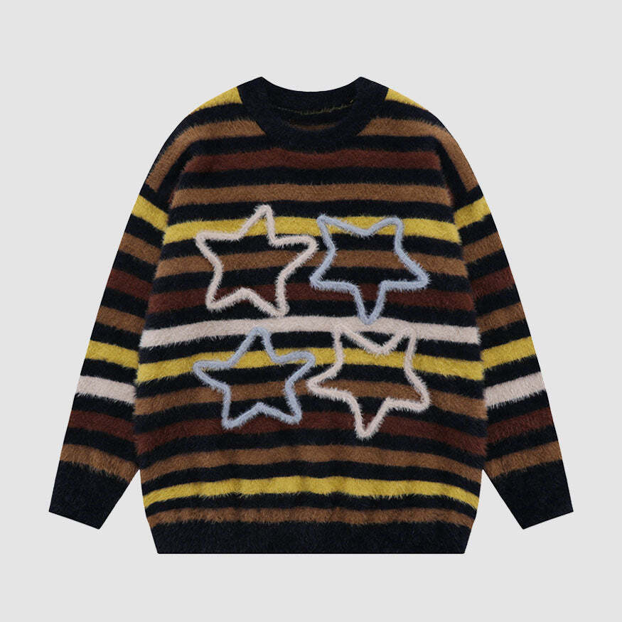 Style Core Aesthetics, New Style Trends Pentagram Pattern Striped Fuzzy Sweater
