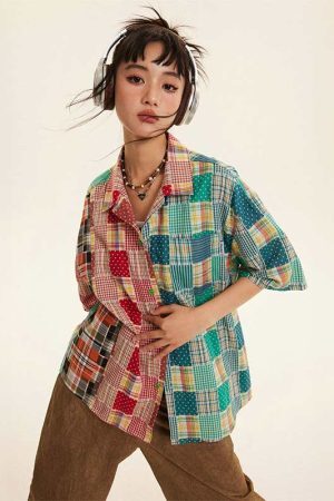 Style Core Aesthetics, New Style Trends Plaid Panel Loose Shirt
