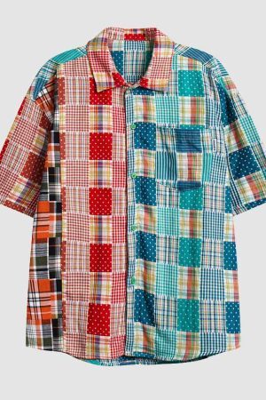 Style Core Aesthetics, New Style Trends Plaid Panel Loose Shirt