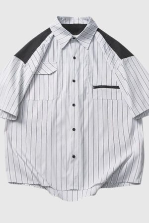 Style Core Aesthetics, New Style Trends Pocket Patchwork Striped Shirt